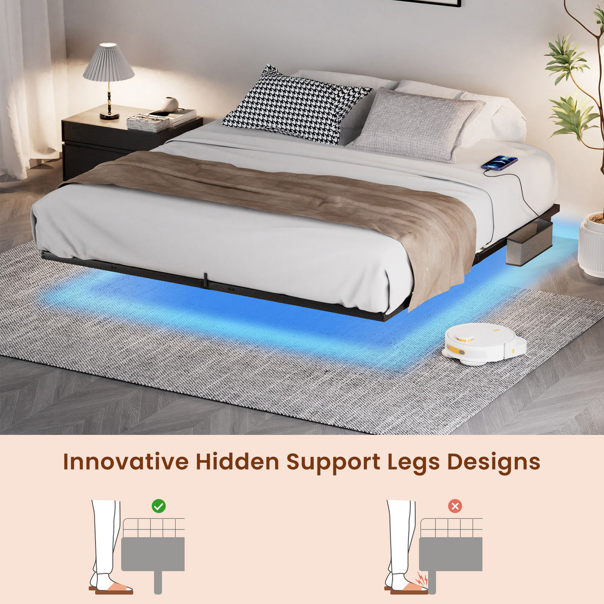 Floating Platform Bed Frame with LED Headboard