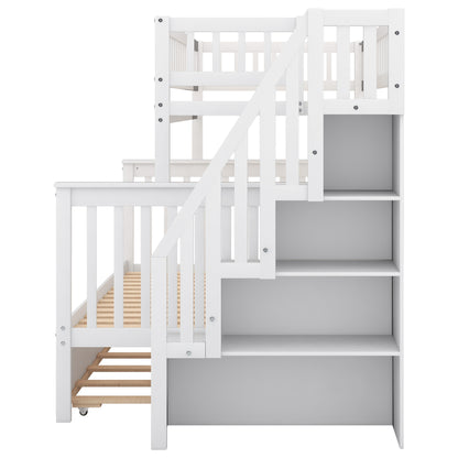 Twin Over Full Bunk Bed with Staircase White