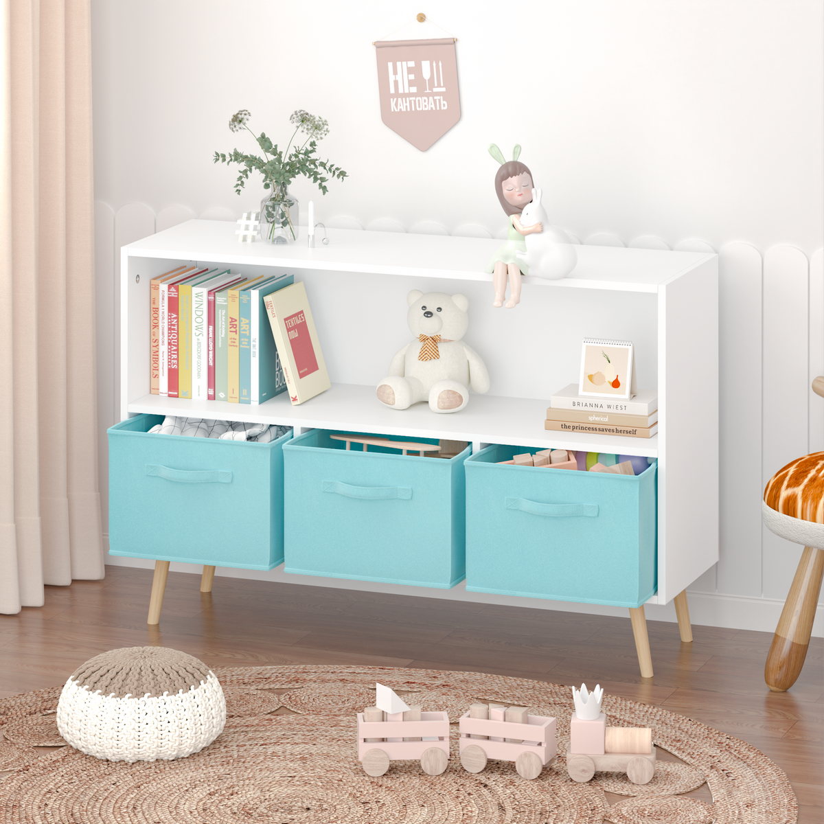 Kids Bookcase with Fabric Drawers White Blue