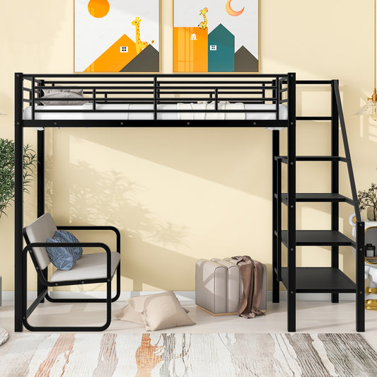 Twin Metal Loft Bed with Storage Black