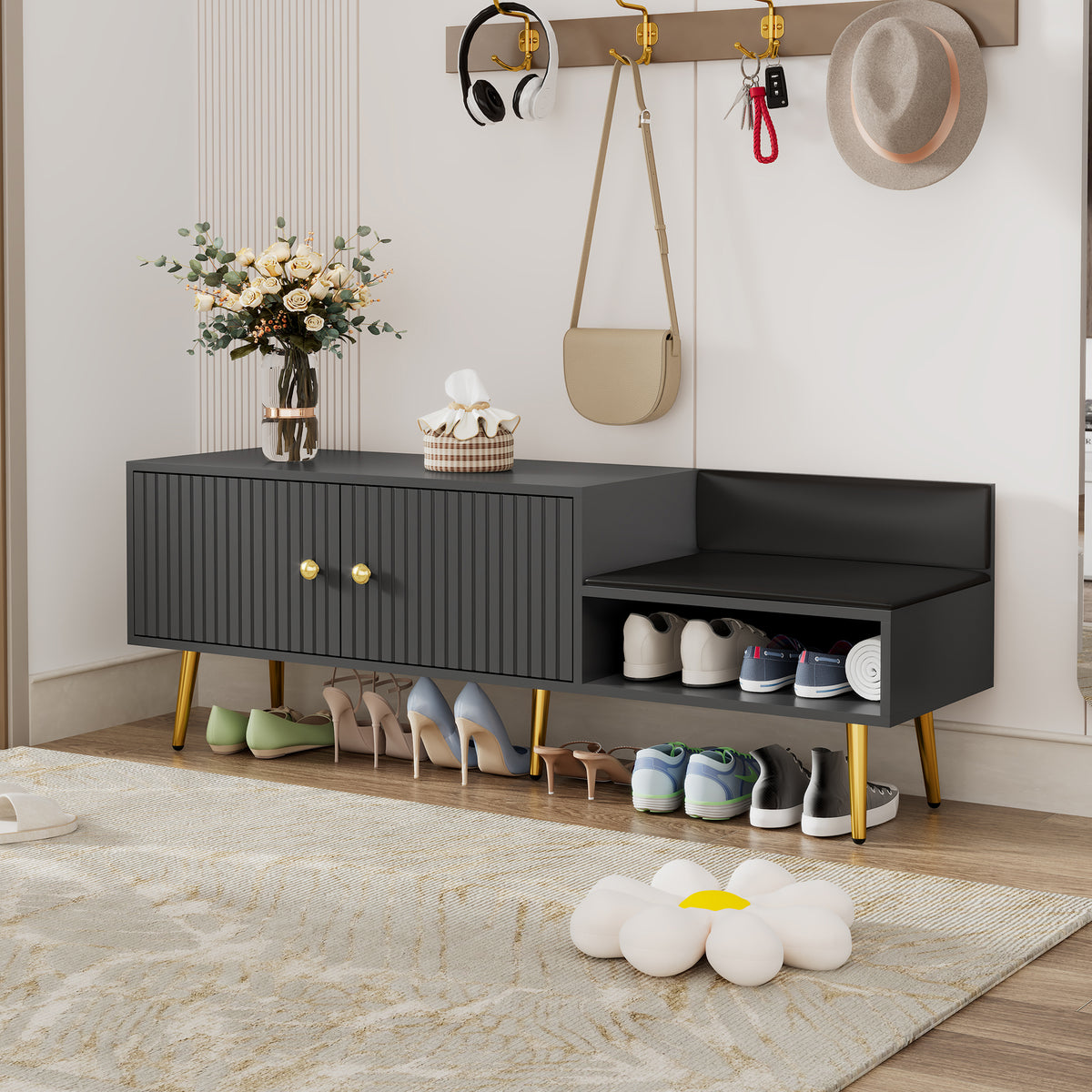 Modern Gray Shoe Storage Bench with Hidden Upholstered Seat