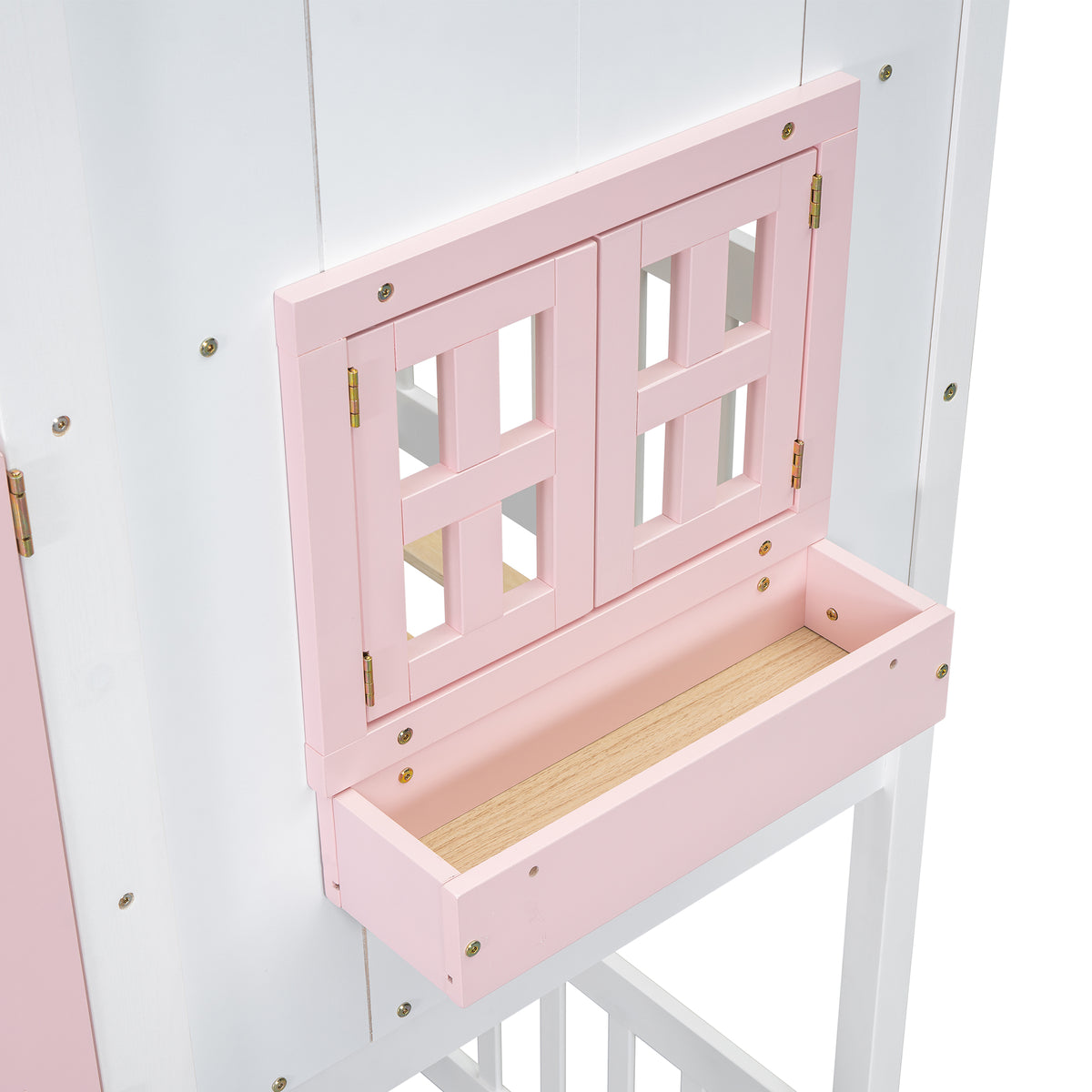 Twin House Bunk Bed with Ladder Pink White