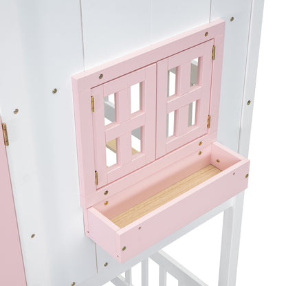Twin House Bunk Bed with Ladder Pink White