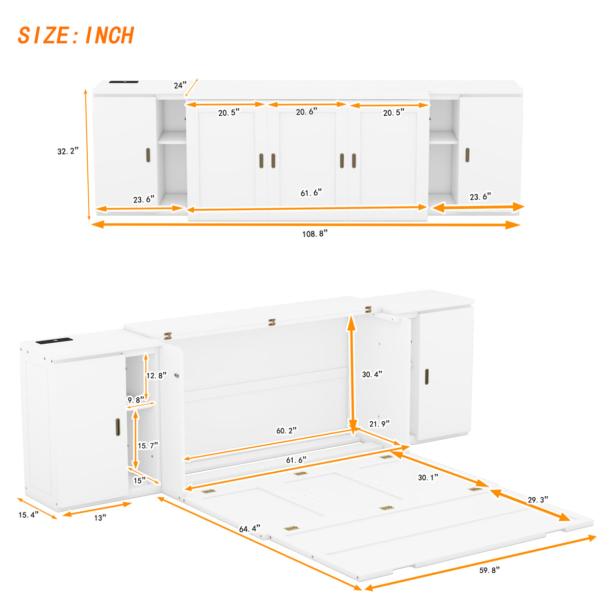 Queen Murphy Bed with USB Ports – White