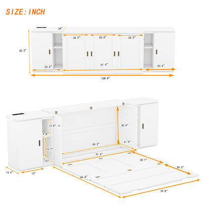 Queen Murphy Bed with USB Ports – White