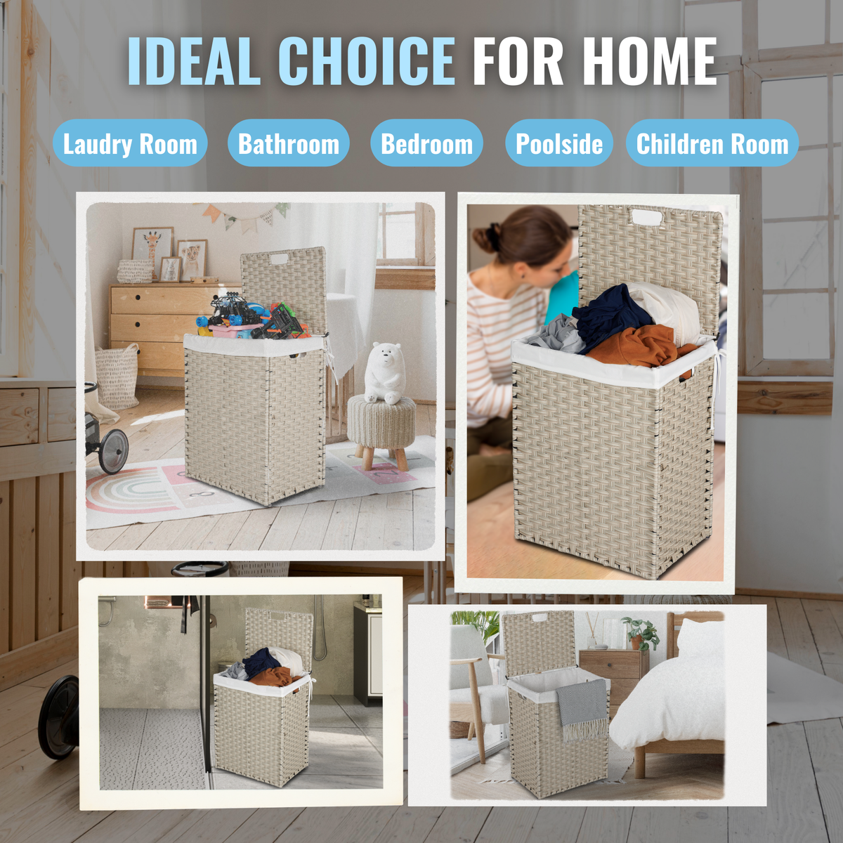 Light Grey Laundry Hamper with Lid and Wheels