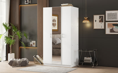 White 3-Door Wardrobe with Center Mirror – Particle Board Closet Organizer with Hanging Space