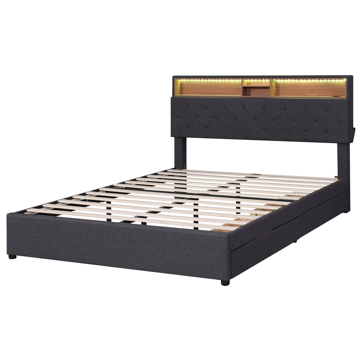 Queen LED Upholstered Storage Bed – Dark Gray