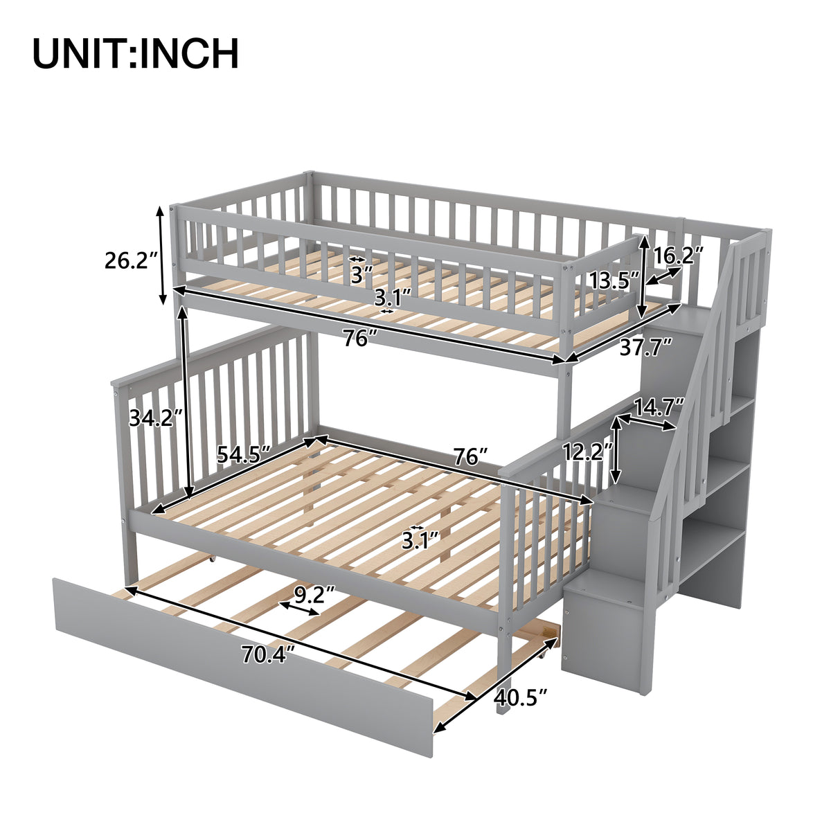 Twin Over Full Bunk Bed with Trundle Gray