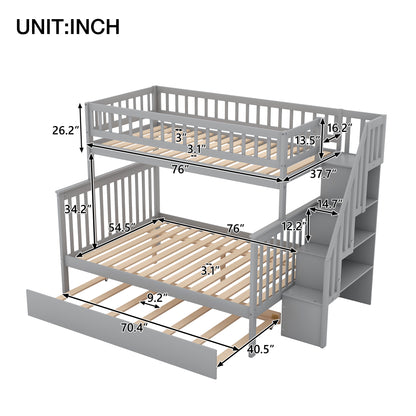 Twin Over Full Bunk Bed with Trundle Gray