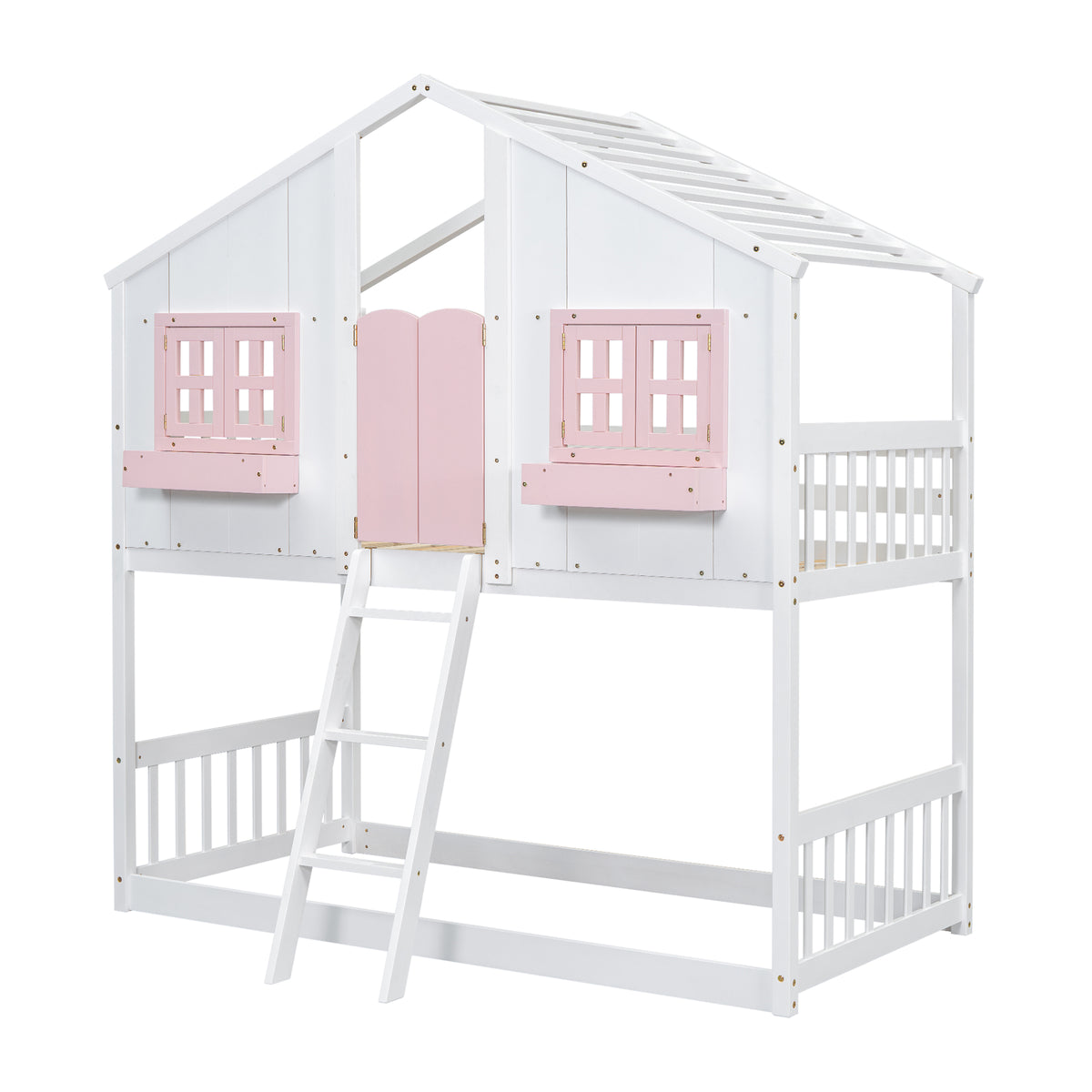Twin House Bunk Bed with Ladder Pink White