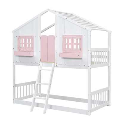 Twin House Bunk Bed with Ladder Pink White