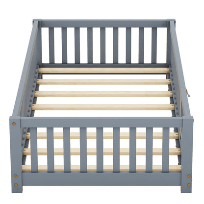 Twin Kids Bed Frame with Safety Rails – Gray