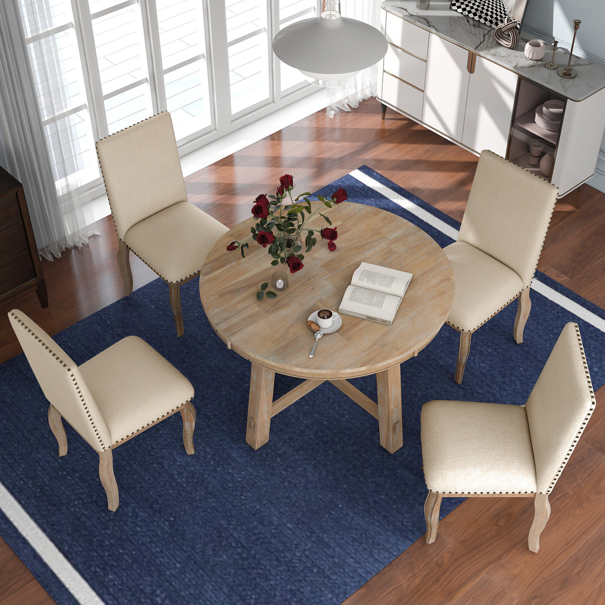 5-Piece Dining Set with Round Table Wood Wash