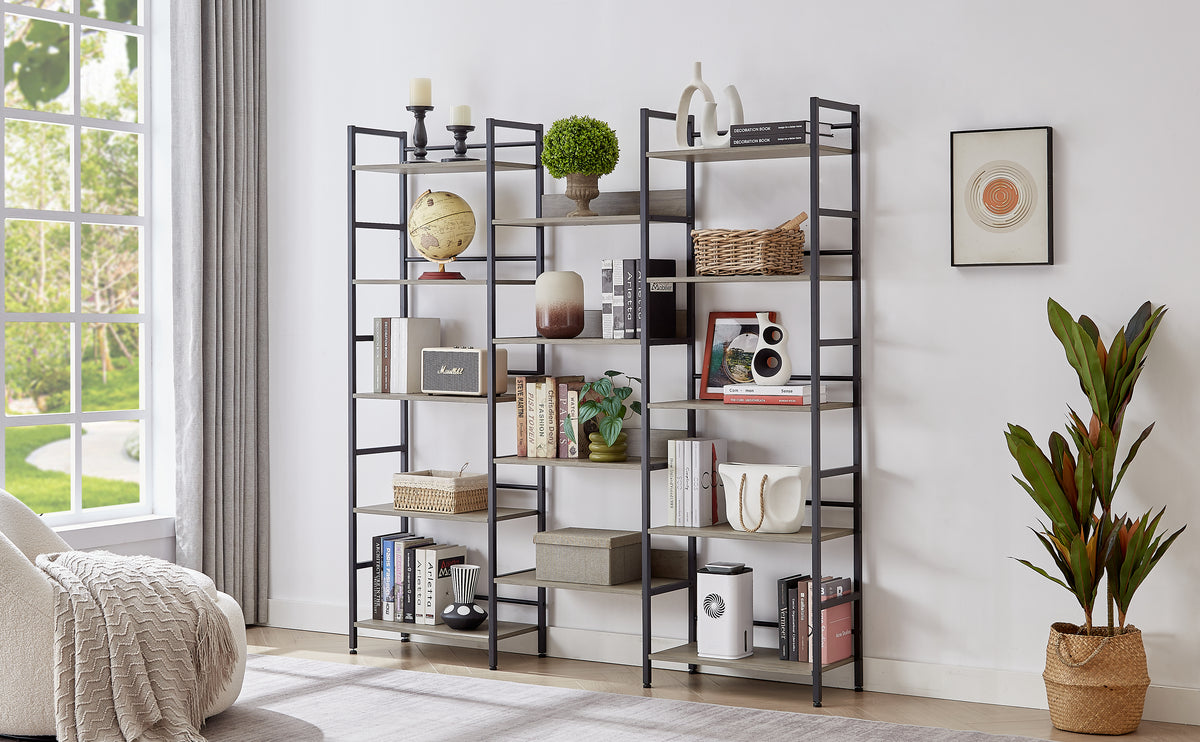 Triple Wide Industrial Bookshelf – Retro Wood & Metal