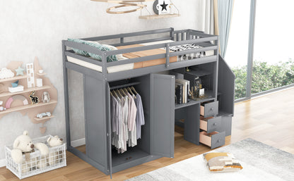 Twin Loft Bed with Wardrobe Gray