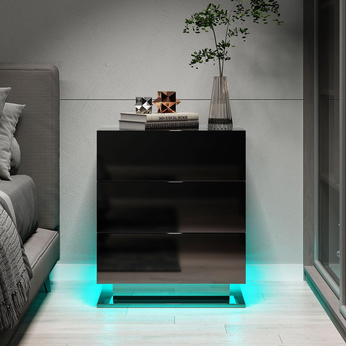 Black 3-Drawer Nightstand with RGB LED Lights – Modern Particle Board End Table with App Control