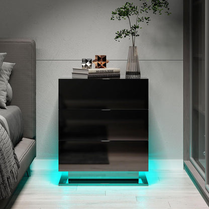 Black 3-Drawer Nightstand with RGB LED Lights – Modern Particle Board End Table with App Control