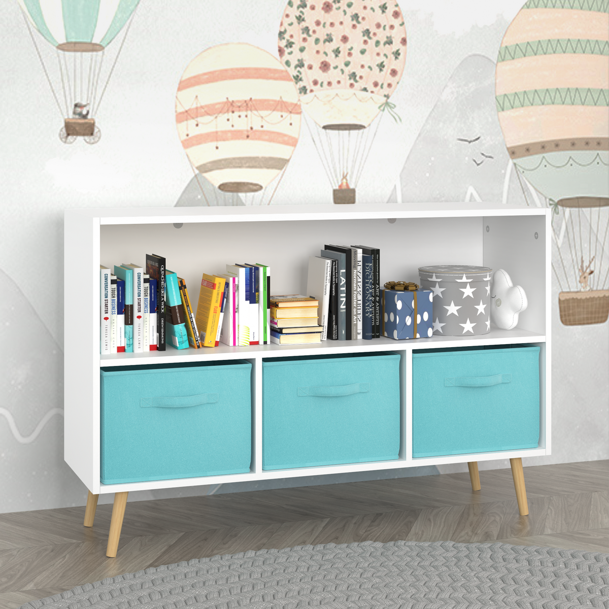Kids Bookcase with Fabric Drawers White Blue