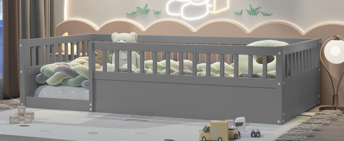 Gray Kids Floor Bed Frame with Fence