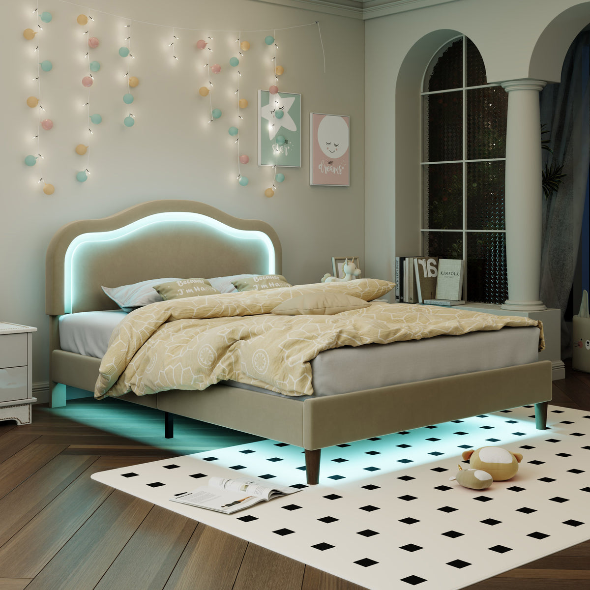 Beige Velvet LED Bed Frame