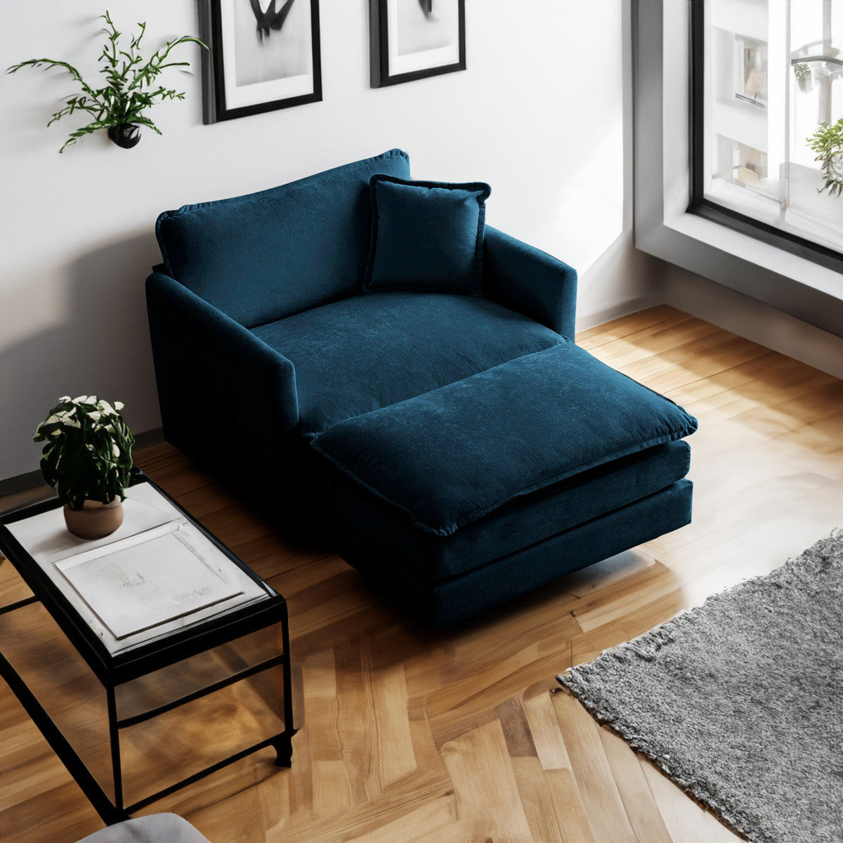Blue Chenille Ottoman Club Chair