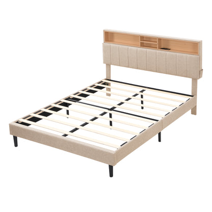 Queen Linen Platform Bed with Storage Beige