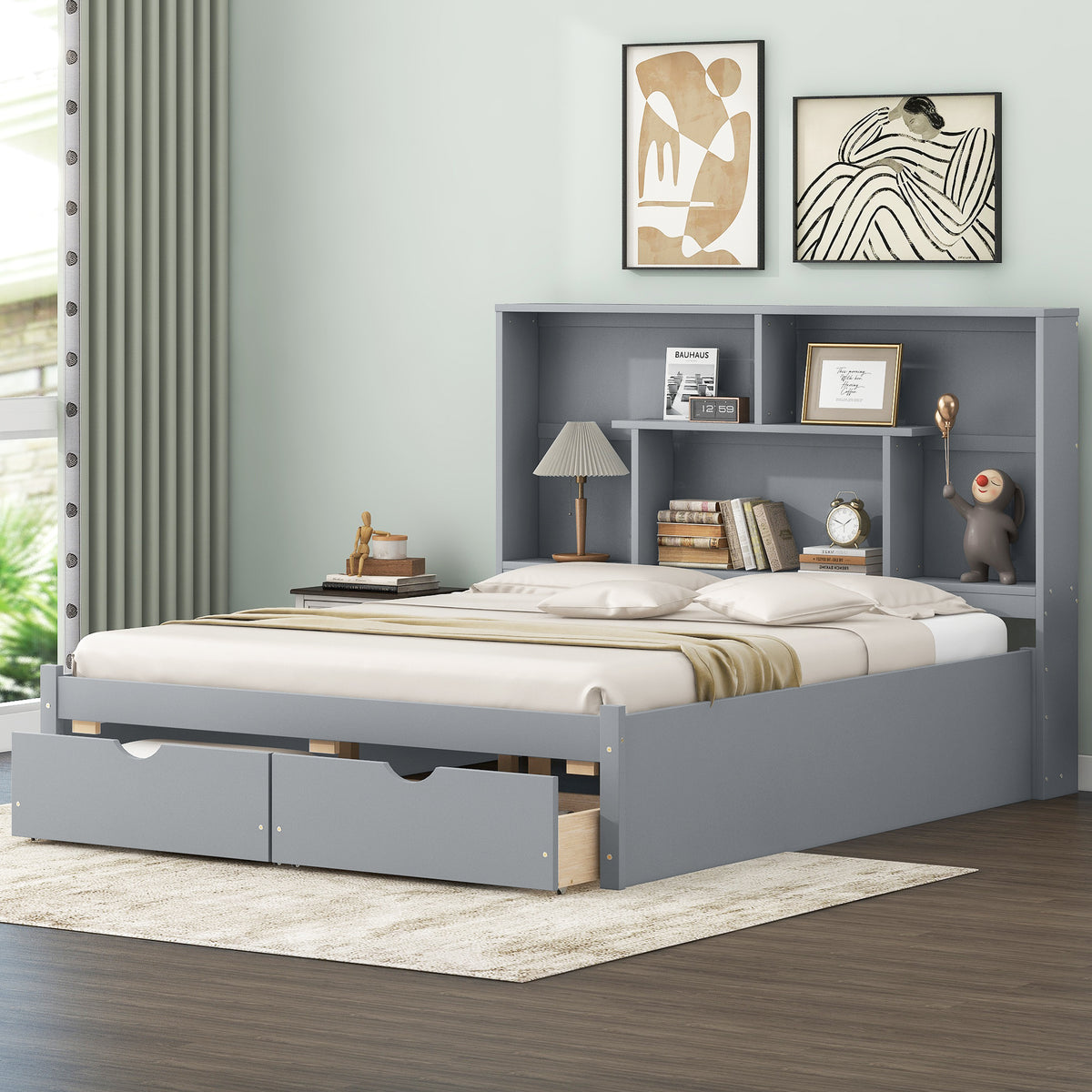 Queen Platform Bed with Storage Drawers Gray