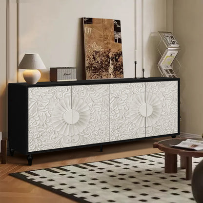 Vintage White Faceted Accent Cabinet with Black Frame