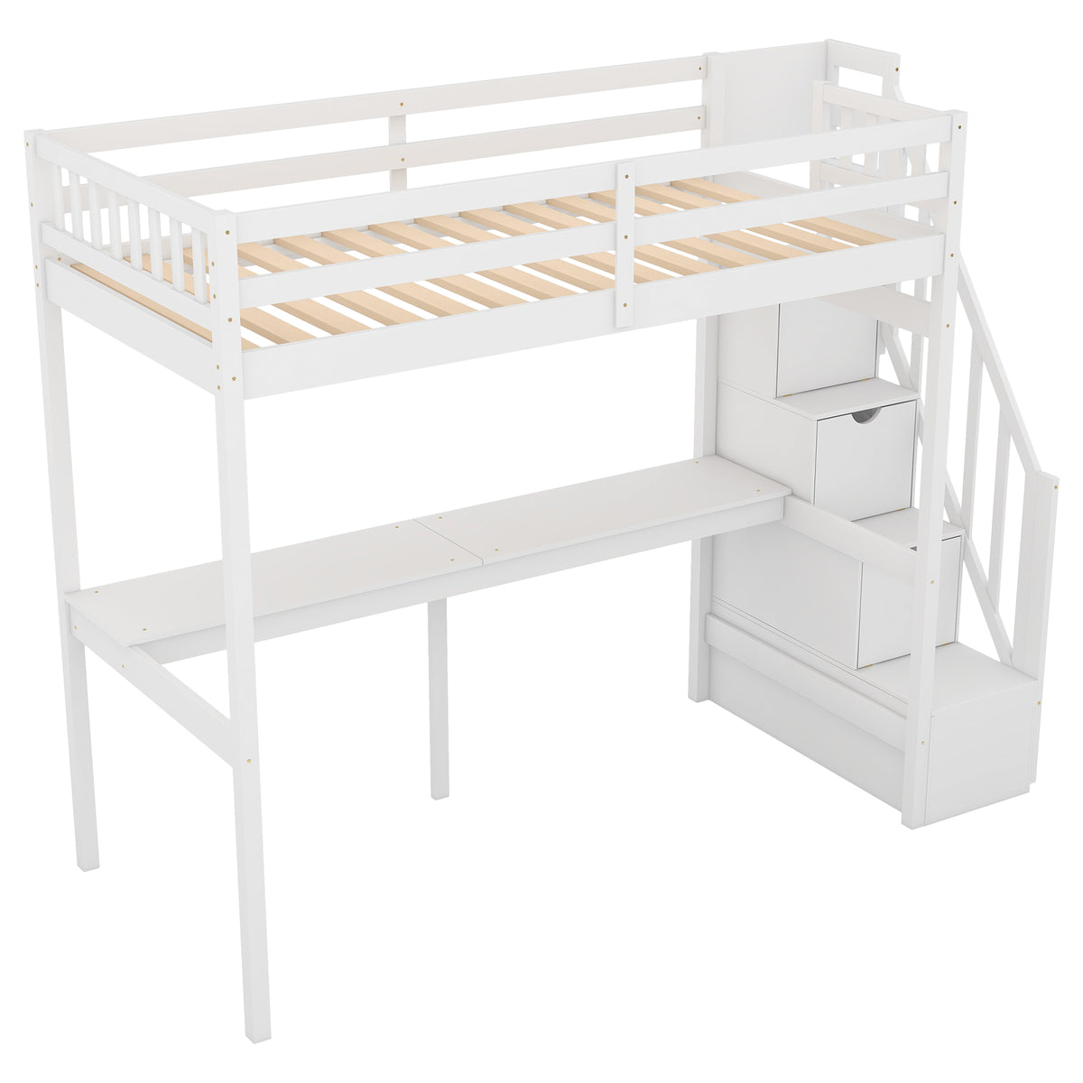 Twin Loft Bed with Staircase and Desk White