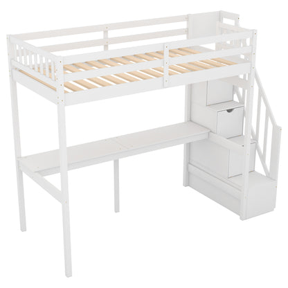 Twin Loft Bed with Staircase and Desk White