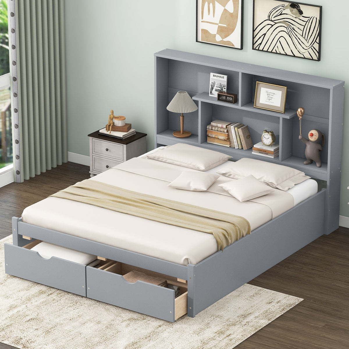 Queen Platform Bed with Storage Drawers Gray