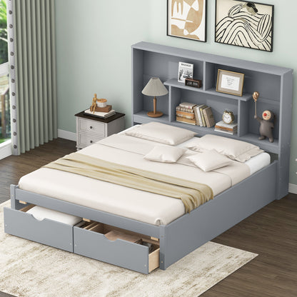 Queen Platform Bed with Storage Drawers Gray