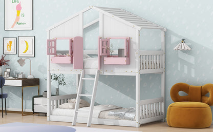 Twin House Bunk Bed with Ladder Pink White