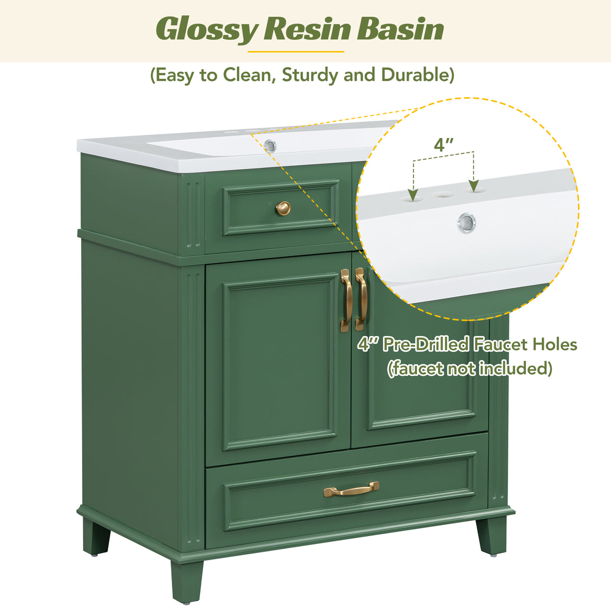 30-Inch Solid Wood Bathroom Vanity with Sink Green