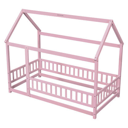 Twin Floor Bed with Fence Guardrails Pink