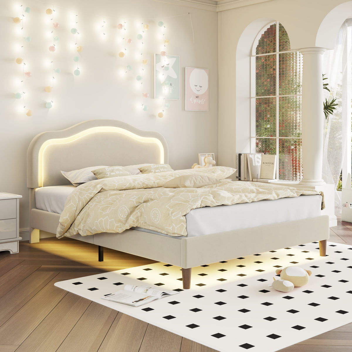 Beige Velvet LED Bed Frame