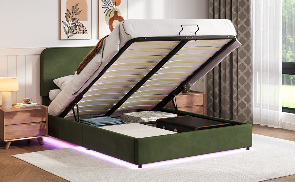 Hydraulic Storage Bed with LED Lights Green