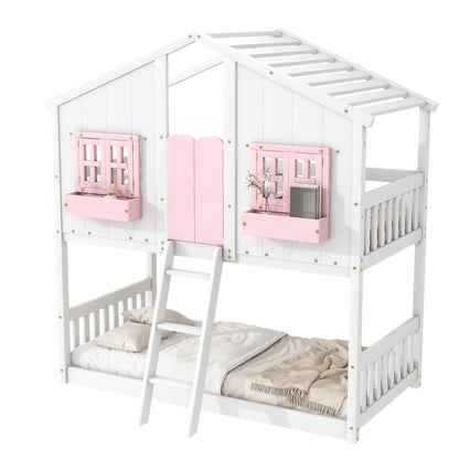 Twin House Bunk Bed with Ladder Pink White