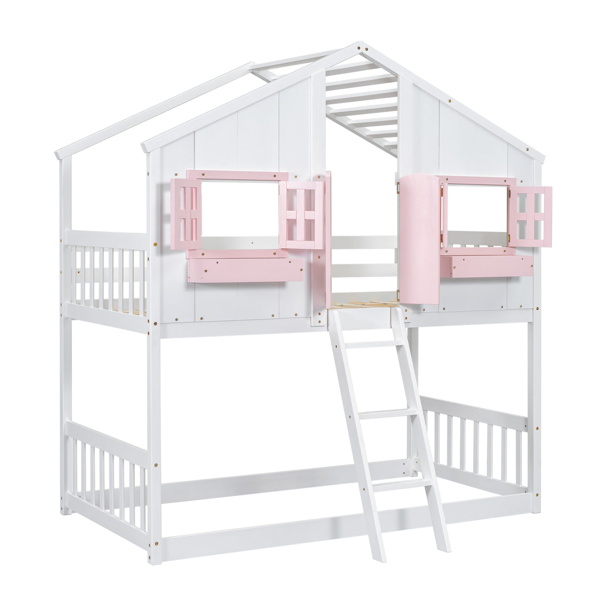 Twin House Bunk Bed with Ladder Pink White