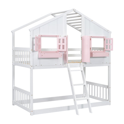 Twin House Bunk Bed with Ladder Pink White