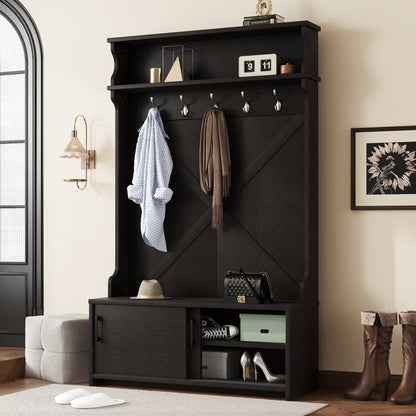 Hall Tree with Sliding Door and Hooks Black