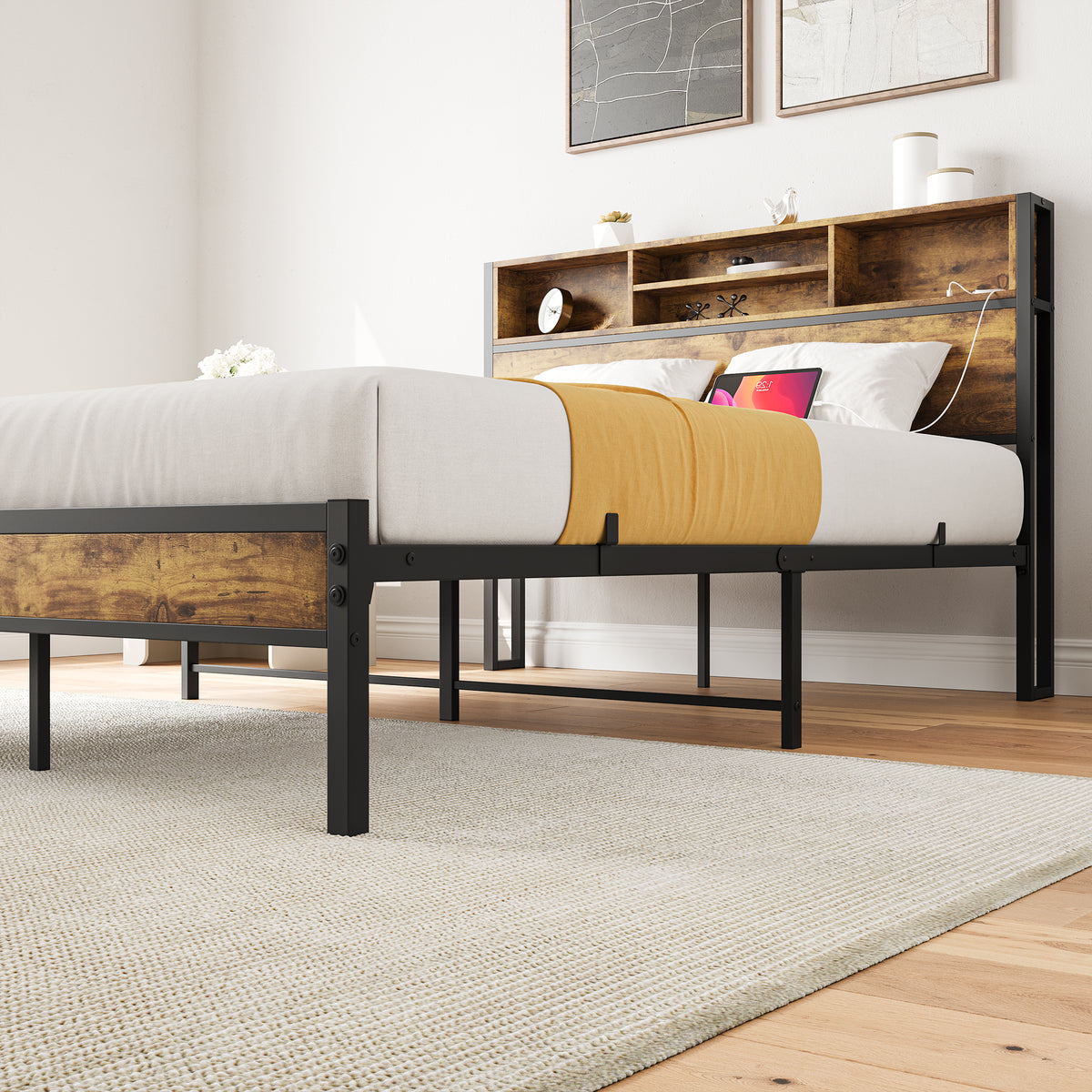 Full Platform Bed with Charging Station – Black