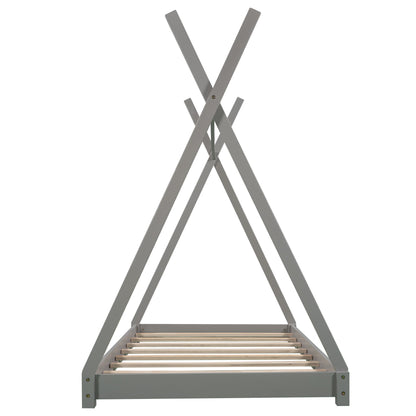 Twin Size Gray House Platform Bed with Triangle Roof