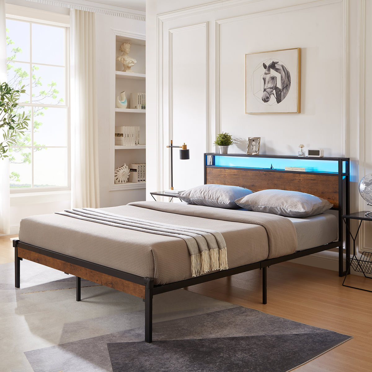 LED Platform Bed with Wood Headboard – Grey Wash