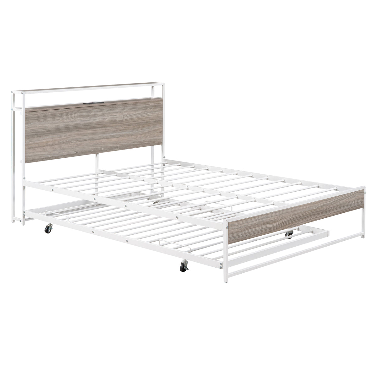 Full Metal Platform Bed with USB Ports White