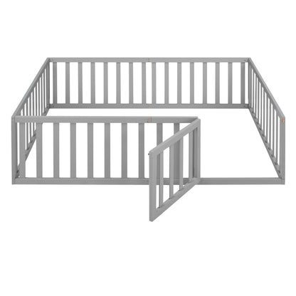 Full Wood Platform Bed with Fence Gray