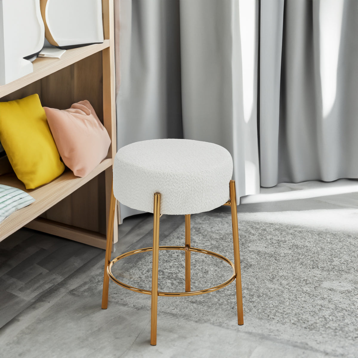Beige Upholstered Round Bar Stool Set of 2 – 24" Height Modern Wood Finish with Foam Cushion