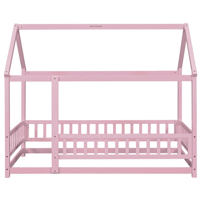 Twin Floor Bed with Fence Guardrails Pink