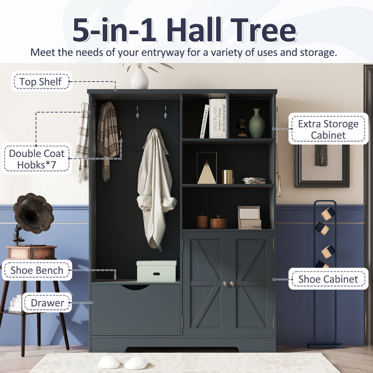 Hallway Storage Bench with Drawers Blue